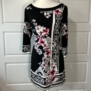 White House Black Market Floral Print Dress Black Pink White‎ 3/4 Sleeve